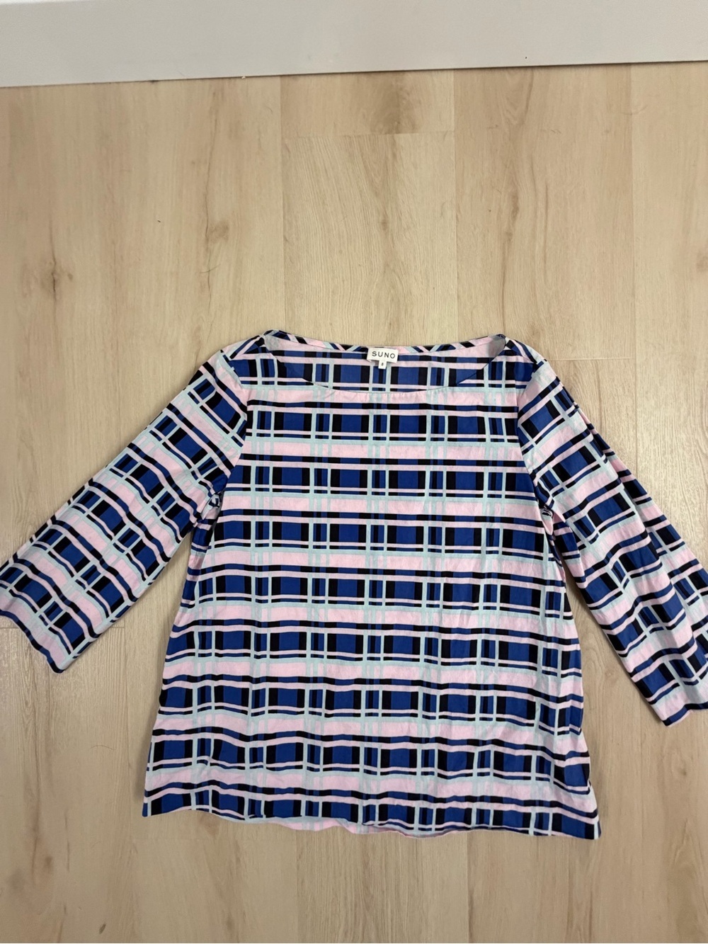Rare SUNO Pink, Navy & White Plaid Boatneck Top